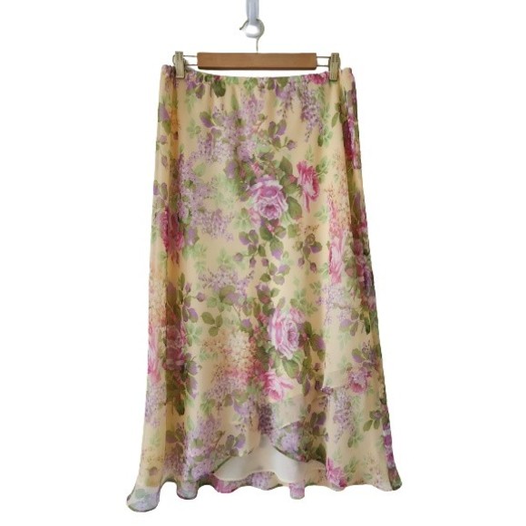 Shazdeh Womens Flowy Midi Skirt Yellow Floral Feminine Lined Elastic Waist 16P - Picture 1 of 8